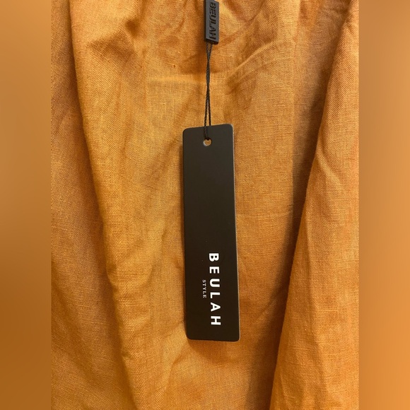 Beulah Style Nolan Camel Linen Mini Dress Lined Pockets Puff Sleeve Size Large - Picture 6 of 13